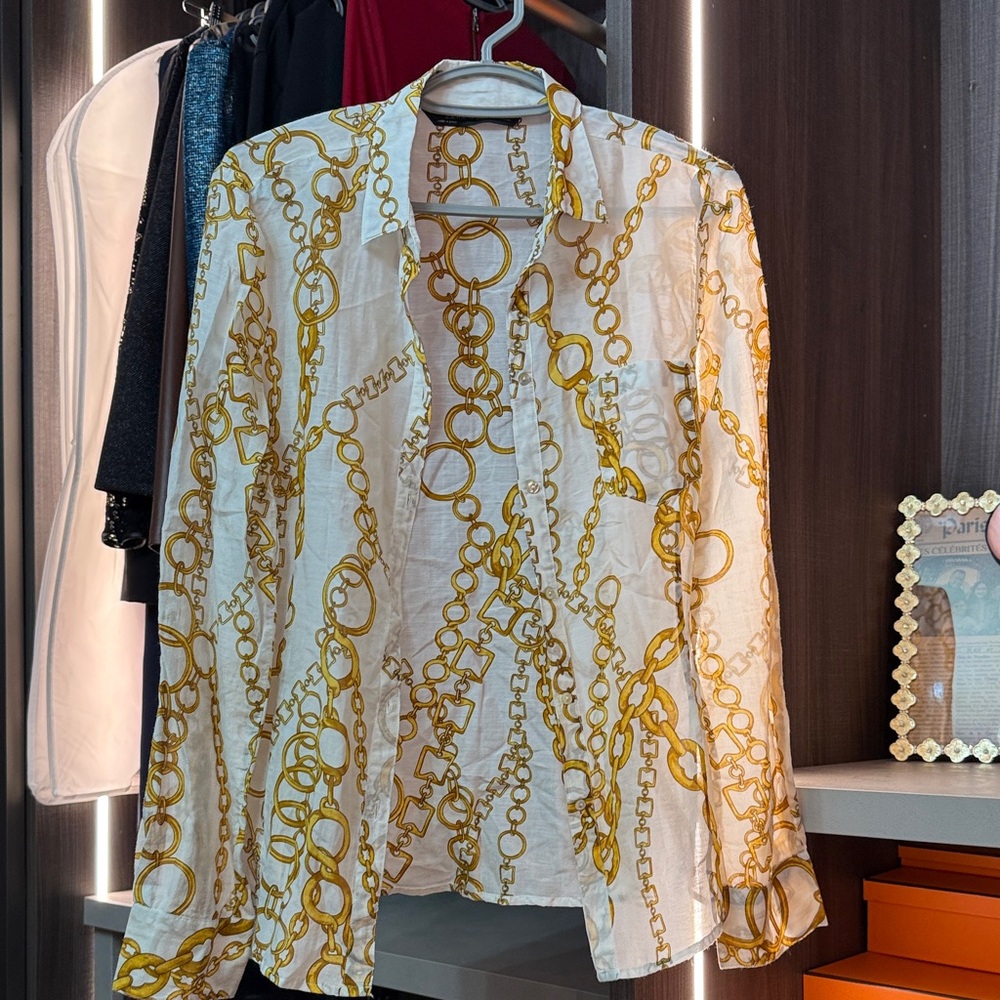 Zara Women's Button-Down Shirt with Gold Chain Pattern